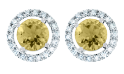 Gemstone Stud Earring Halo Setting with a yellow Sapphire  in White Gold