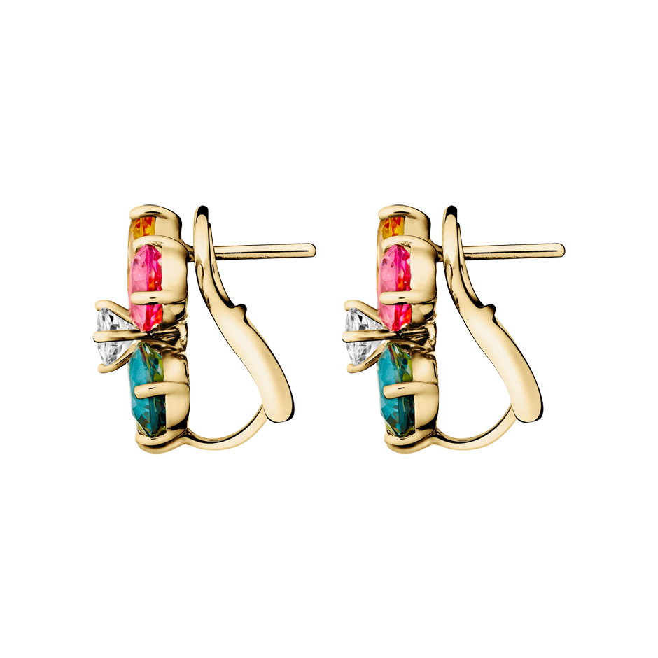 Flowers Stud Earrings Colourful in Yellow Gold