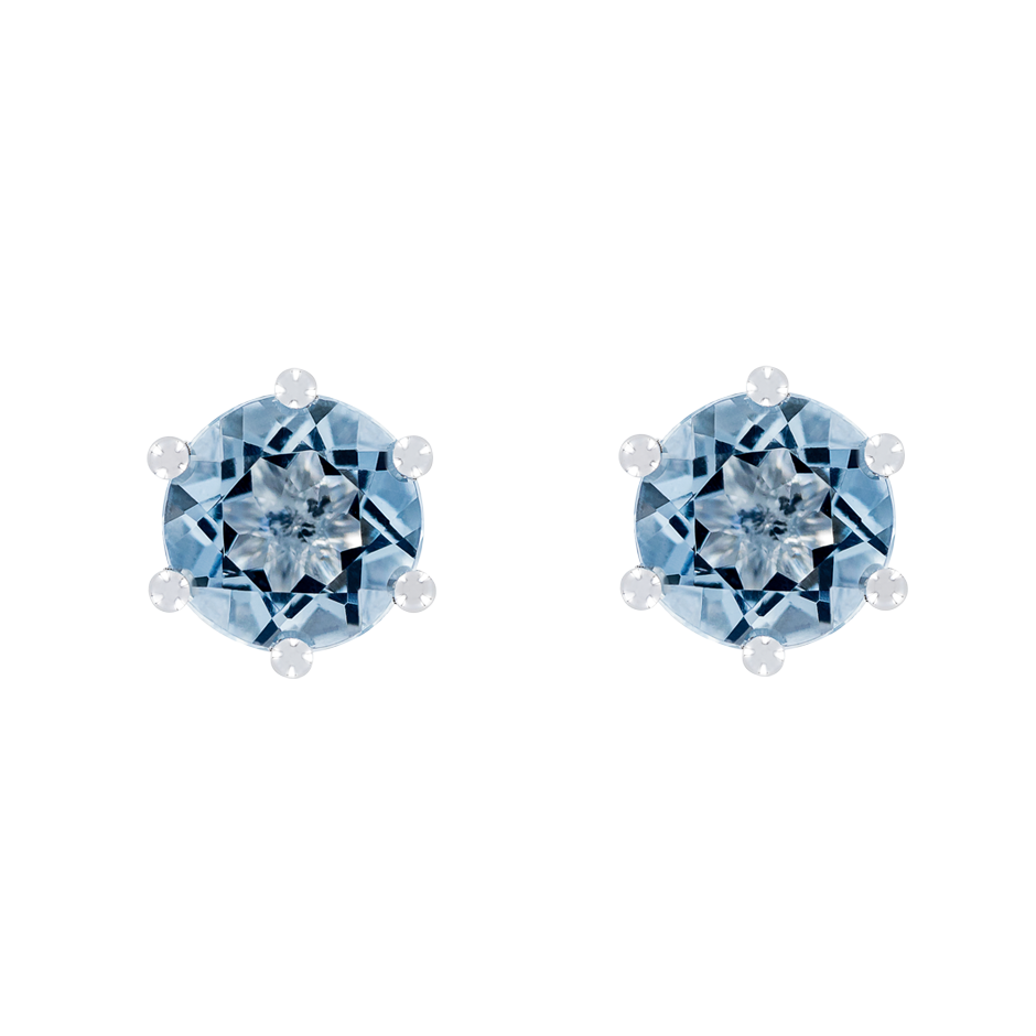 Stud Earrings 6 Prongs Aquamarine blue in White Gold